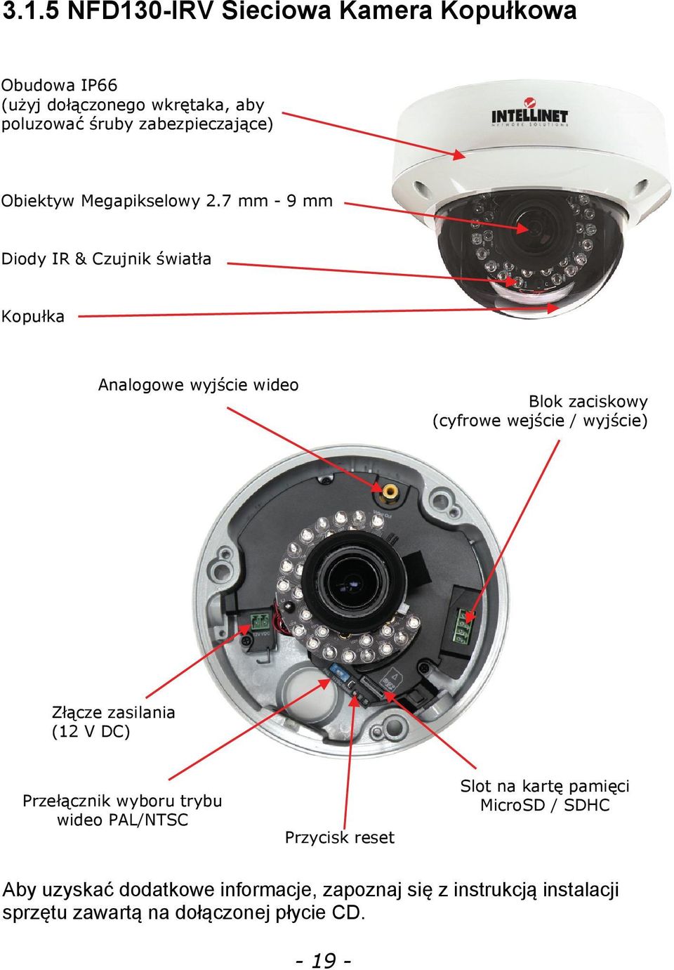 7 mm - 9 mm Diody IR & Czujnik światła Kopułka Analogowe wyjście wideo Blok zaciskowy (cyfrowe wejście / wyjście) Złącze