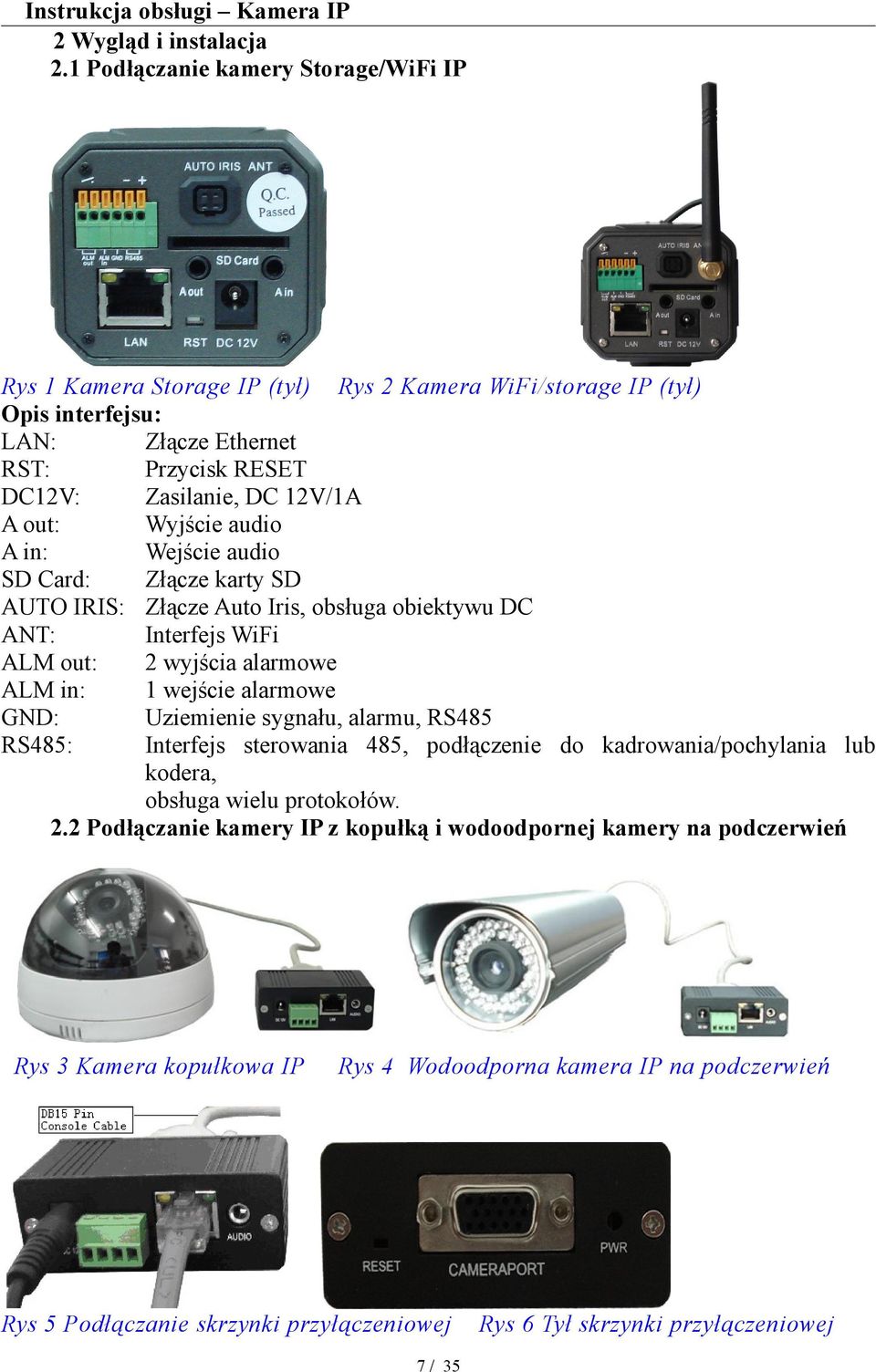 Wyjście audio A in: Wejście audio SD Card: Złącze karty SD AUTO IRIS: Złącze Auto Iris, obsługa obiektywu DC ANT: Interfejs WiFi ALM out: 2 wyjścia alarmowe ALM in: 1 wejście alarmowe GND: Uziemienie