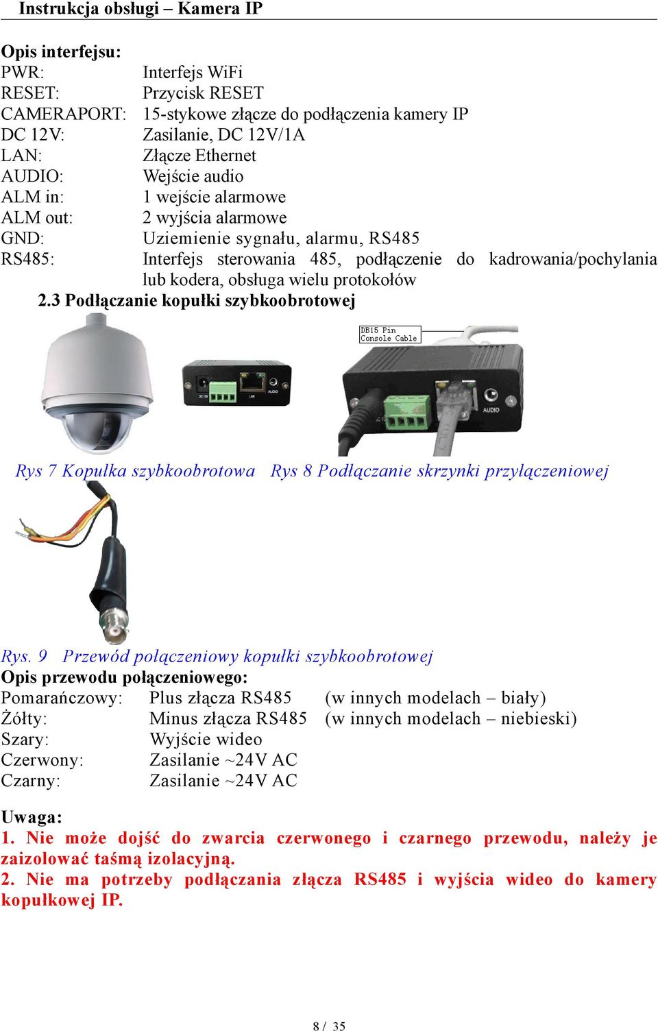 obsługa wielu protokołów 2.3 Podłączanie kopułki szybkoobrotowej Rys 7 Kopułka szybkoobrotowa Rys 8 Podłączanie skrzynki przyłączeniowej Rys.