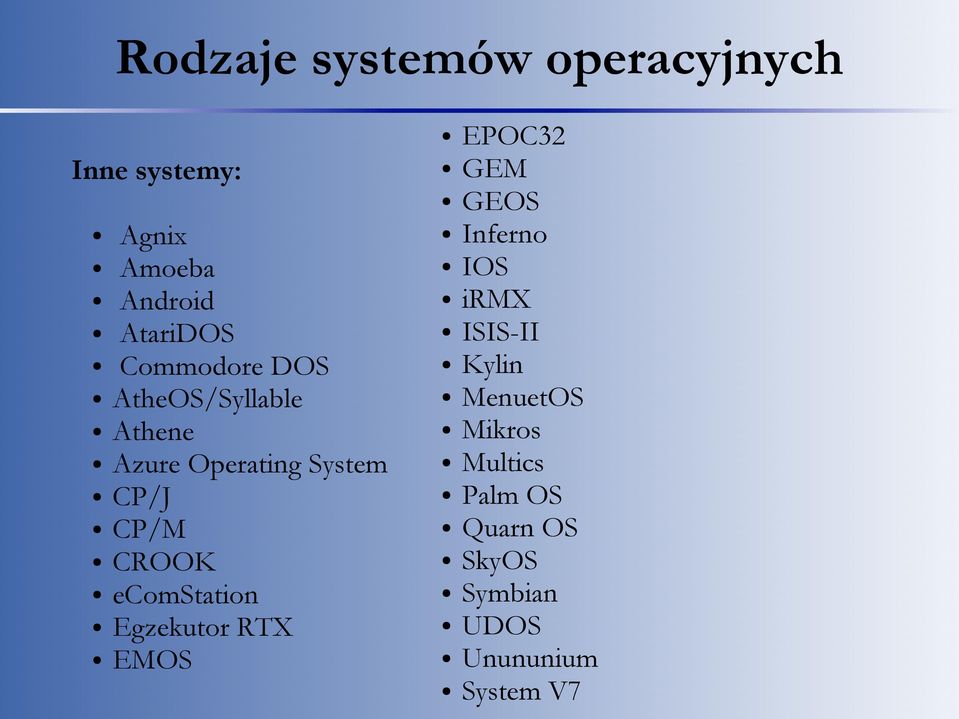 ecomstation Egzekutor RTX EMOS EPOC32 GEM GEOS Inferno IOS irmx ISIS-II