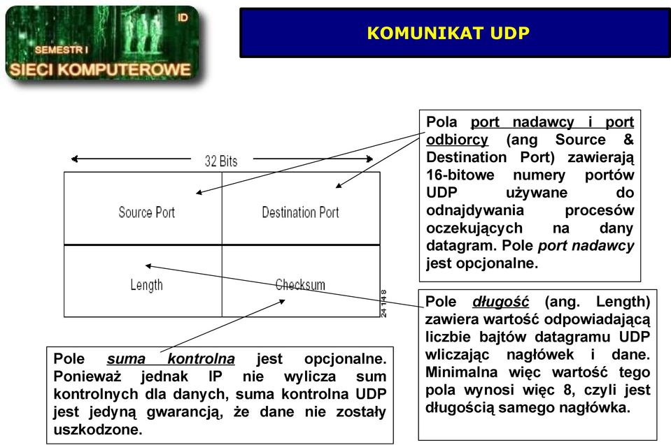 Ponieważ jednak IP nie wylicza sum kontrolnych dla danych, suma kontrolna UDP jest jedyną gwarancją, że dane nie zostały uszkodzone.