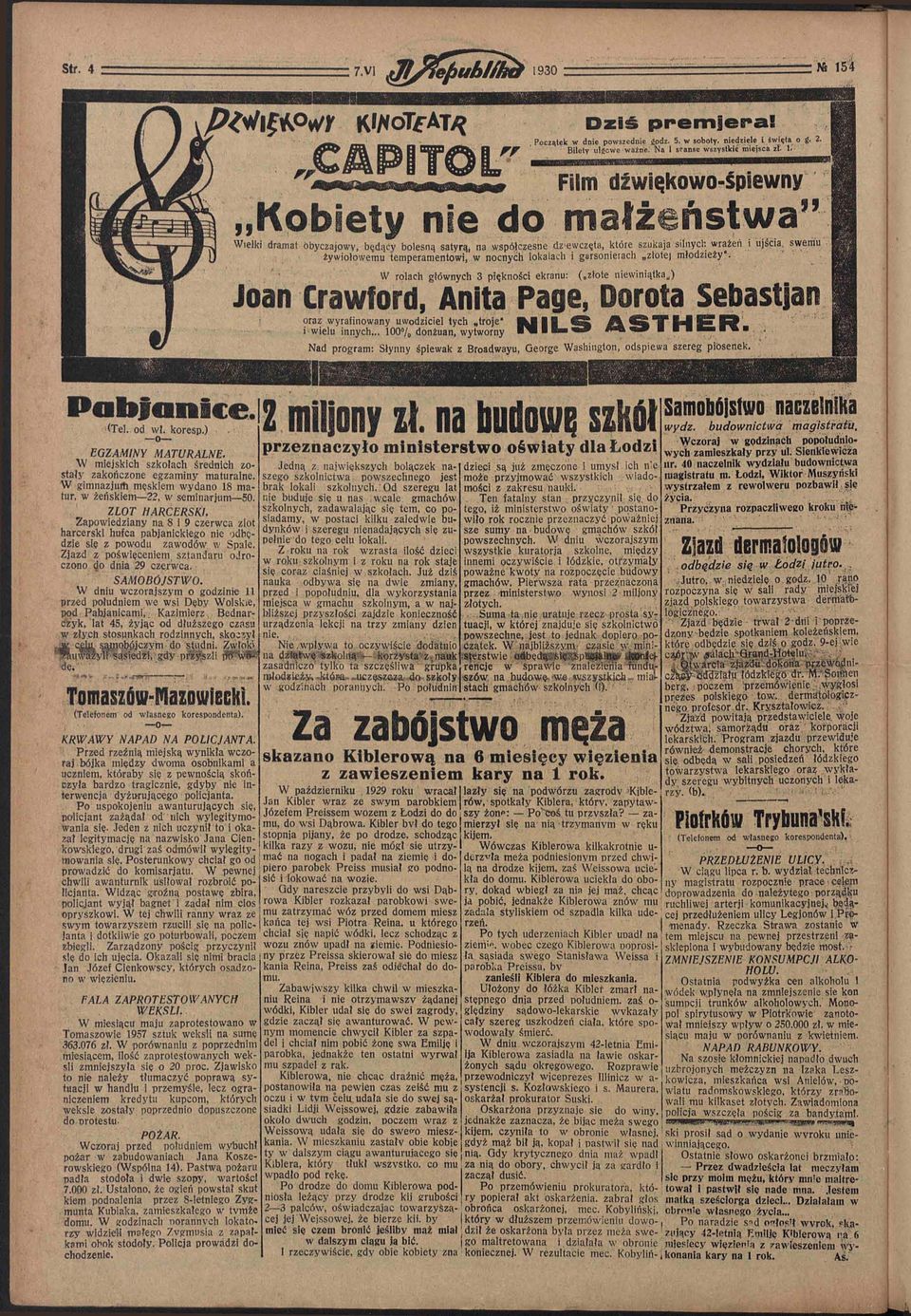 4 J C A P T O L " D z i ś p r e m i e r a! Początek w dnie powszednie cpdz. 5, w soboty, niedziele i święta o R. 2. Bilety ulgowe ważne. Na l seanse wszystkie miejsca zł. 1.