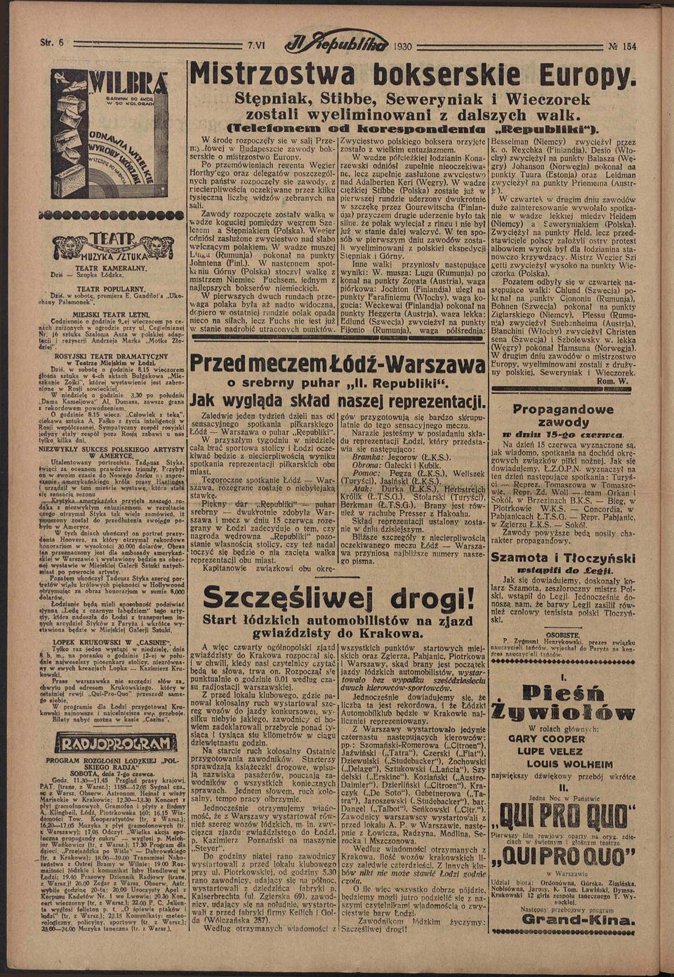 ROSYJSK TEATR DRAMATYCZNY w Teatrze Miejskim w ŁodzL Dziś, w sobotę o godizinie 8.15 wieczorem głośna sztuka w 4-ch aktach Bułgakowa.