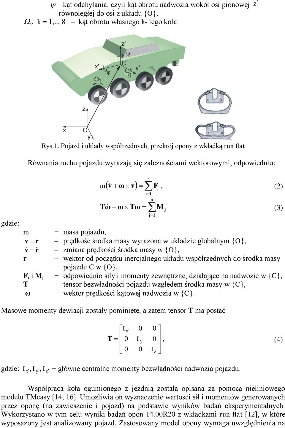 Pojazd i układy współrzędnych, przekrój opony z wkładką run flat Równania ruchu pojazdu wyrażają się zależnościami wektorowymi, odpowiednio: gdzie: ω v n m v F, (2) i i 1 n M j j 1 Tω ω Tω (3) m masa