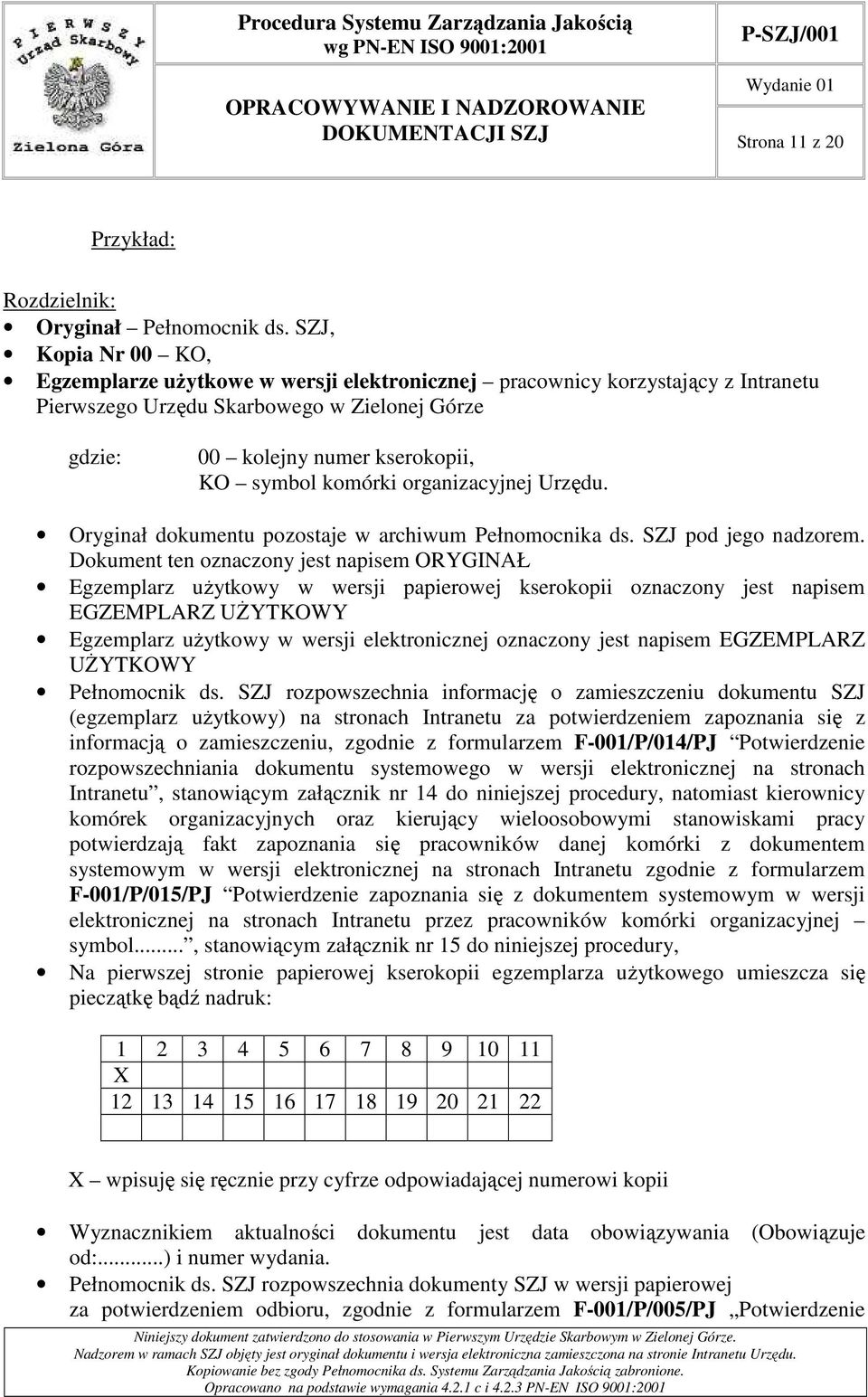 komórki organizacyjnej Urzędu. Oryginał dokumentu pozostaje w archiwum Pełnomocnika ds. SZJ pod jego nadzorem.