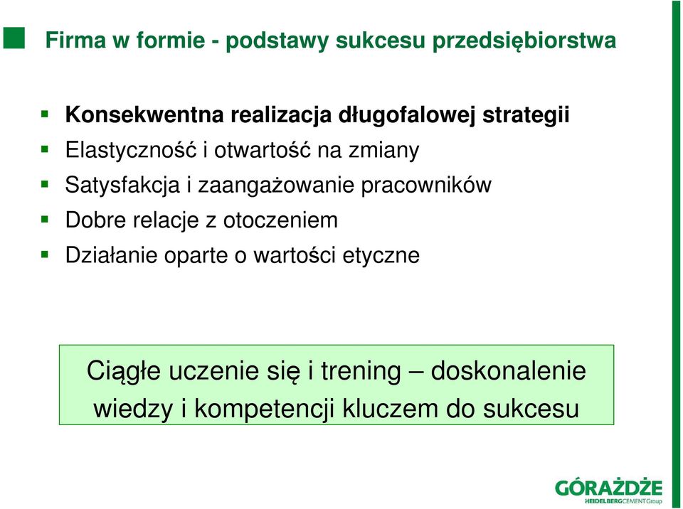 zaangażowanie pracowników Dobre relacje z otoczeniem Działanie oparte o