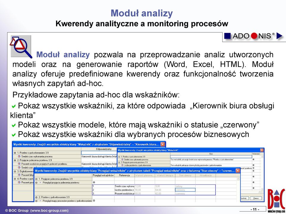 Moduł analizy oferuje predefiniowane kwerendy oraz funkcjonalność tworzenia własnych zapytań ad-hoc.
