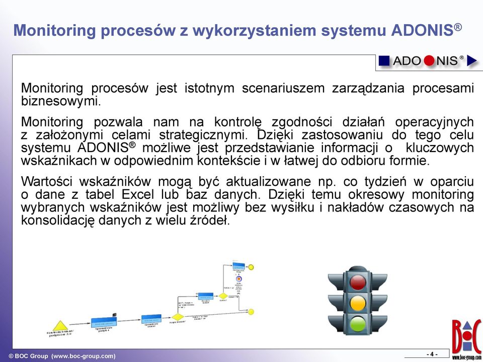 Dzięki zastosowaniu do tego celu systemu ADONIS możliwe jest przedstawianie informacji o kluczowych wskaźnikach w odpowiednim kontekście i w łatwej do odbioru