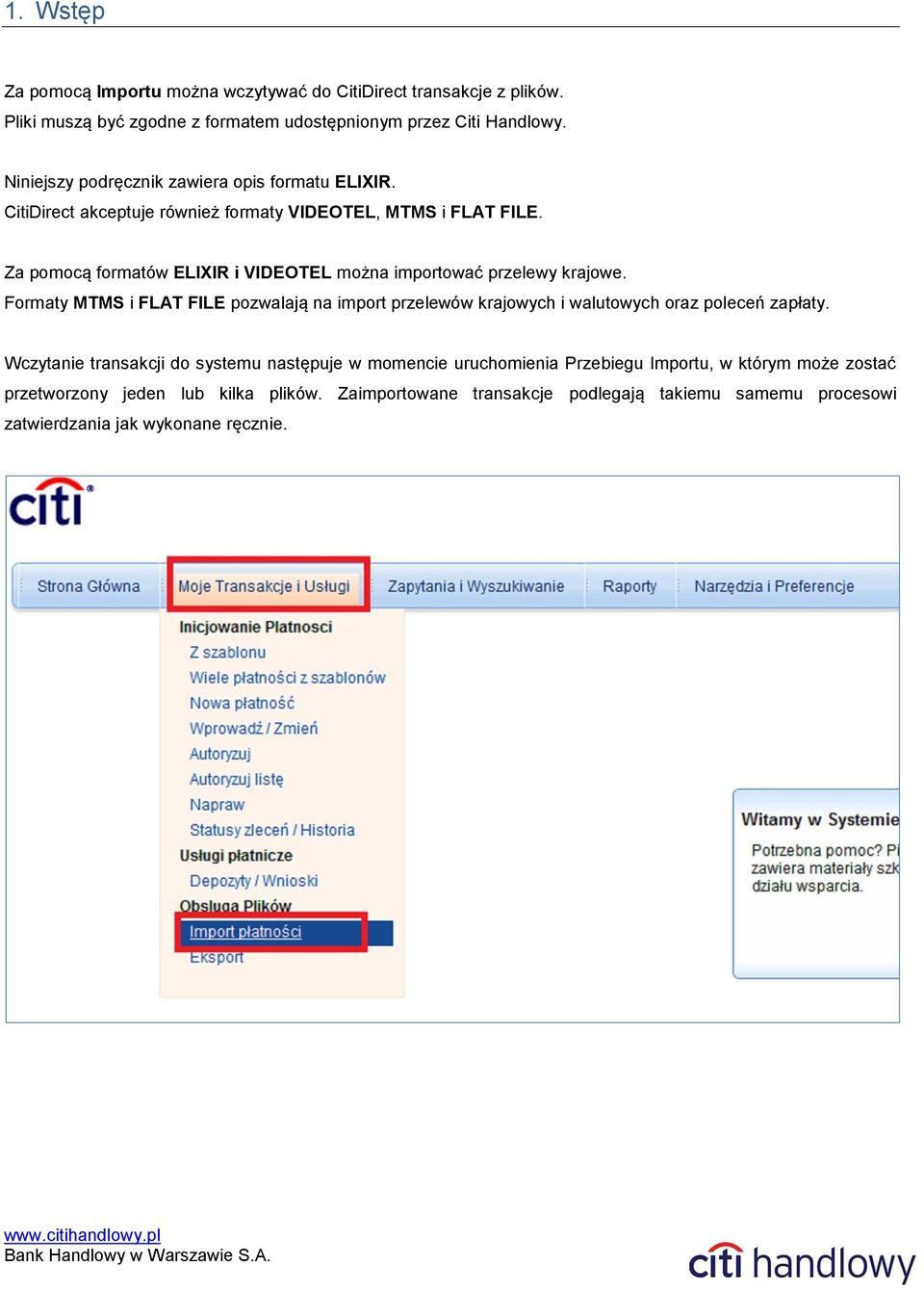 Za pomocą formatów ELIXIR i VIDEOTEL można importować przelewy krajowe. Formaty MTMS i FLAT FILE pozwalają na import przelewów krajowych i walutowych oraz poleceń zapłaty.