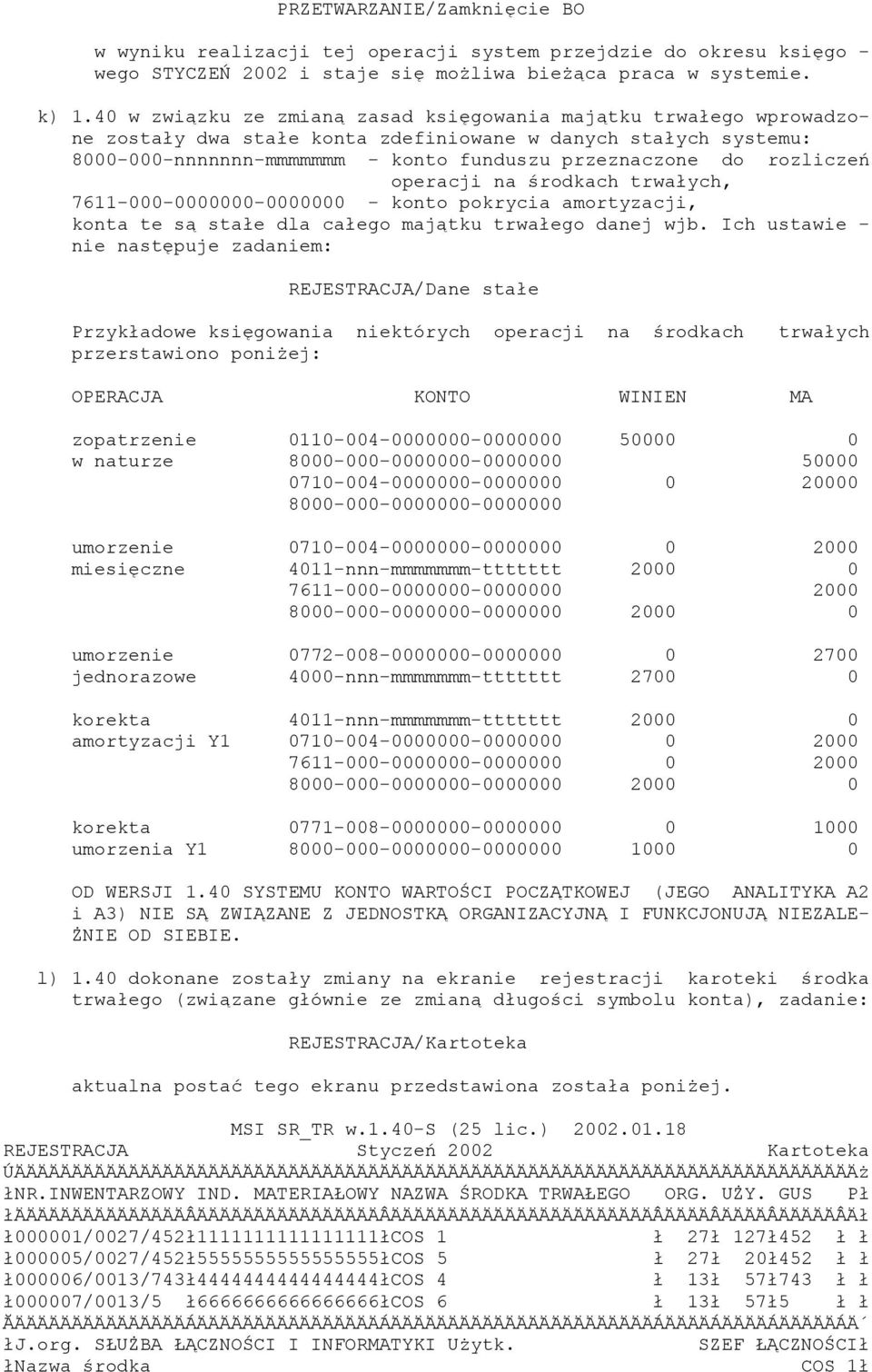 rozliczeń operacji na środkach trwałych, 7611-000-0000000-0000000 - konto pokrycia amortyzacji, konta te są stałe dla całego majątku trwałego danej wjb.