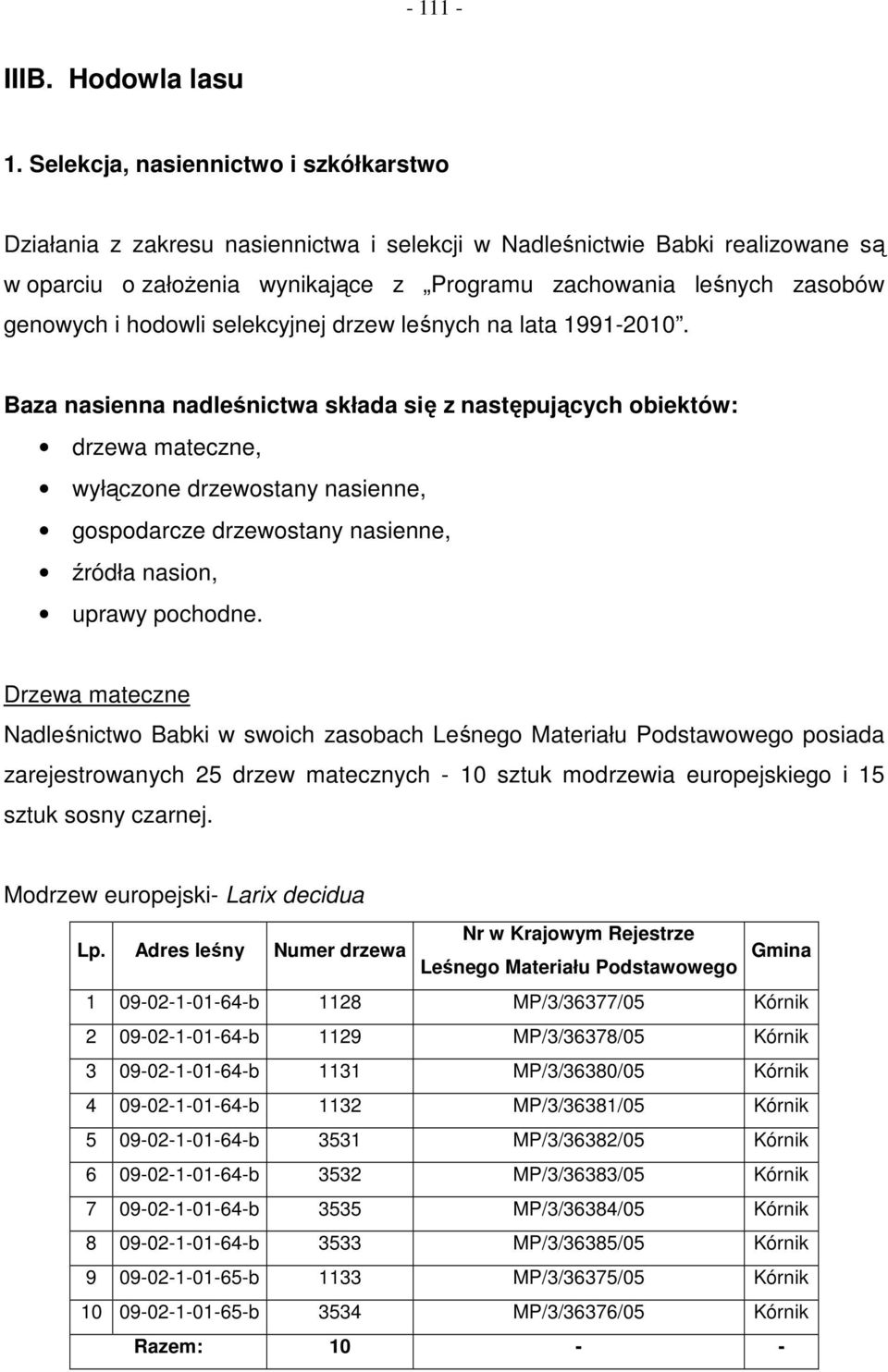 i hodowli selekcyjnej drzew leśnych na lata 1991-2010.