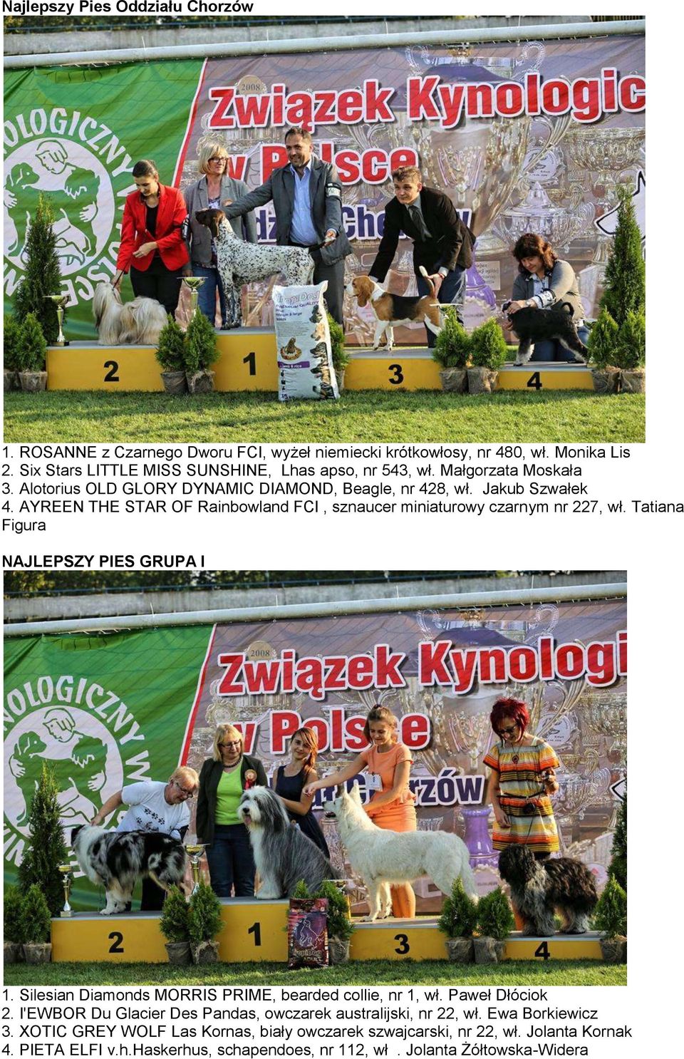 Tatiana Figura NAJLEPSZY PIES GRUPA I 1. Silesian Diamonds MORRIS PRIME, bearded collie, nr 1, wł. Paweł Dłóciok 2.