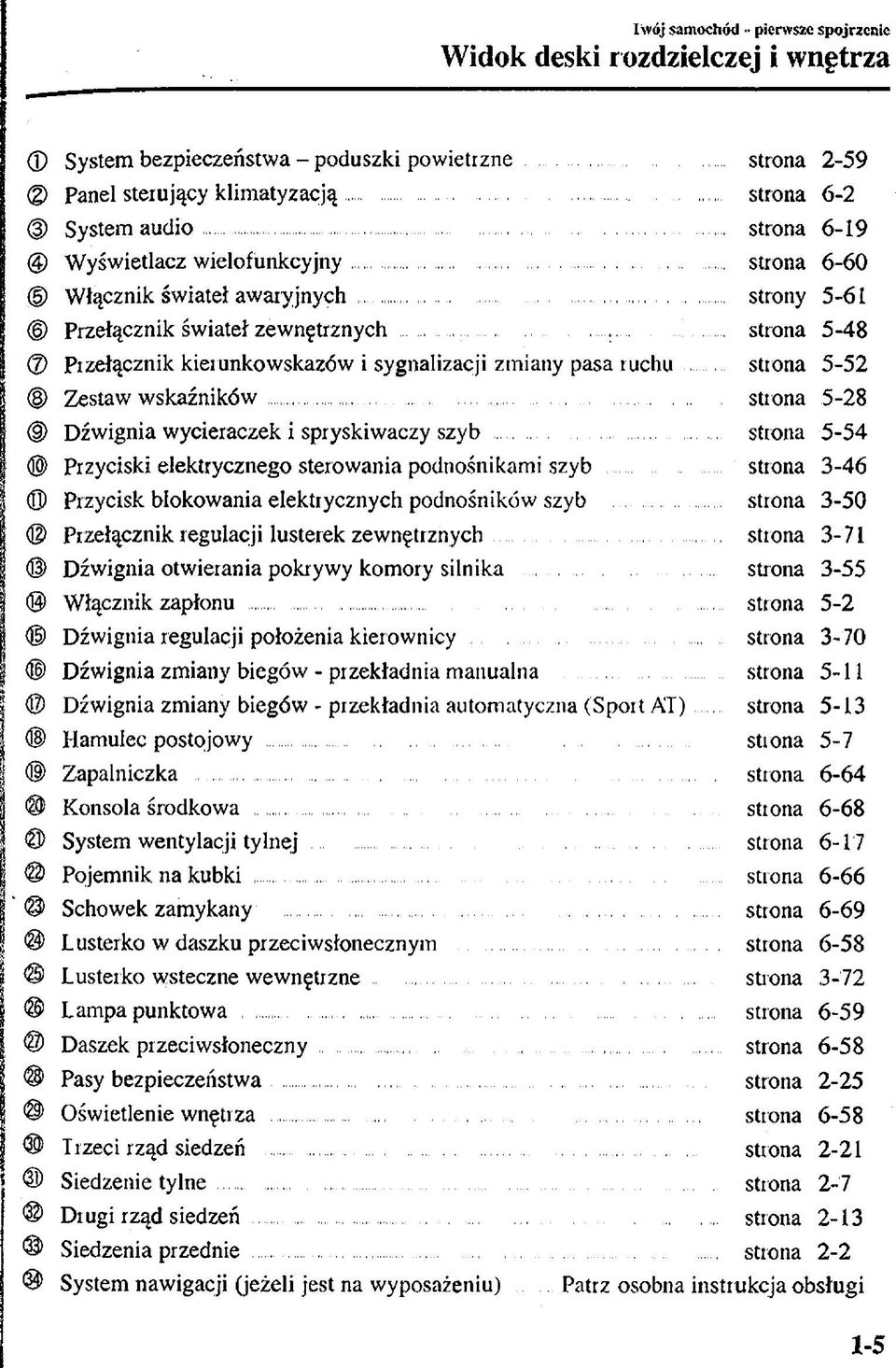 ..... strona 5-48 Przełącznik kierunkowskazów i sygnalizacji zmiany pasa ruchu strona 5-52 Zestaw w skaźników.........strona 5-28 Dźwignia wycieraczek i spryskiwaczy szyb.