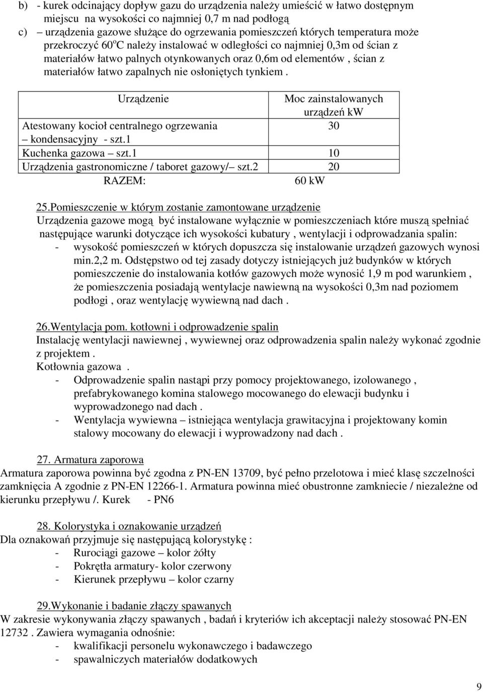 osłoniętych tynkiem. Urządzenie Moc zainstalowanych urządzeń kw Atestowany kocioł centralnego ogrzewania 30 kondensacyjny - szt.1 Kuchenka gazowa szt.