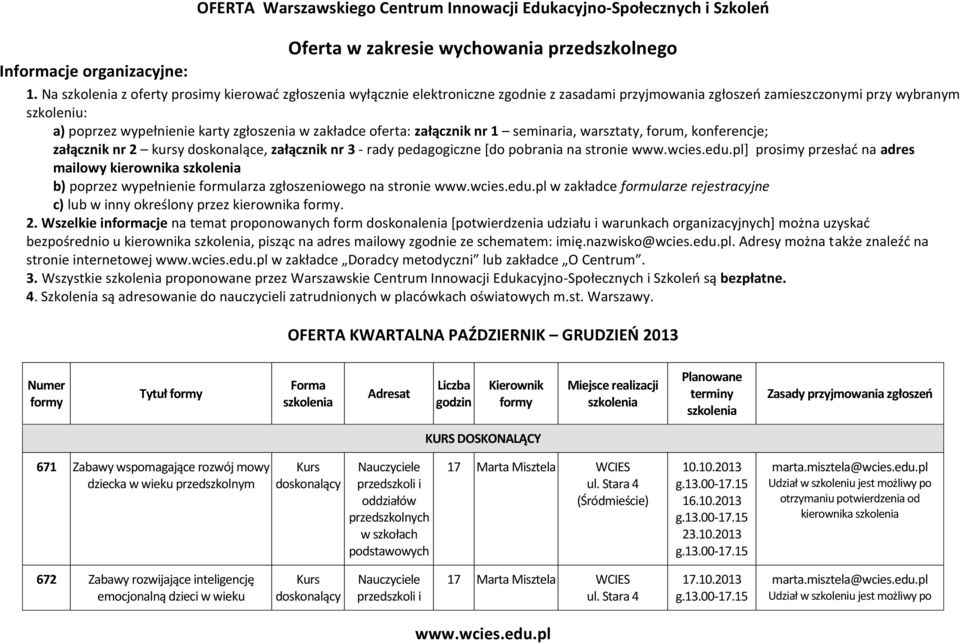 zakładce oferta: załącznik nr 1 seminaria, warsztaty, forum, konferencje; załącznik nr 2 kursy doskonalące, załącznik nr 3 - rady pedagogiczne [do pobrania na stronie ] prosimy przesłać na adres