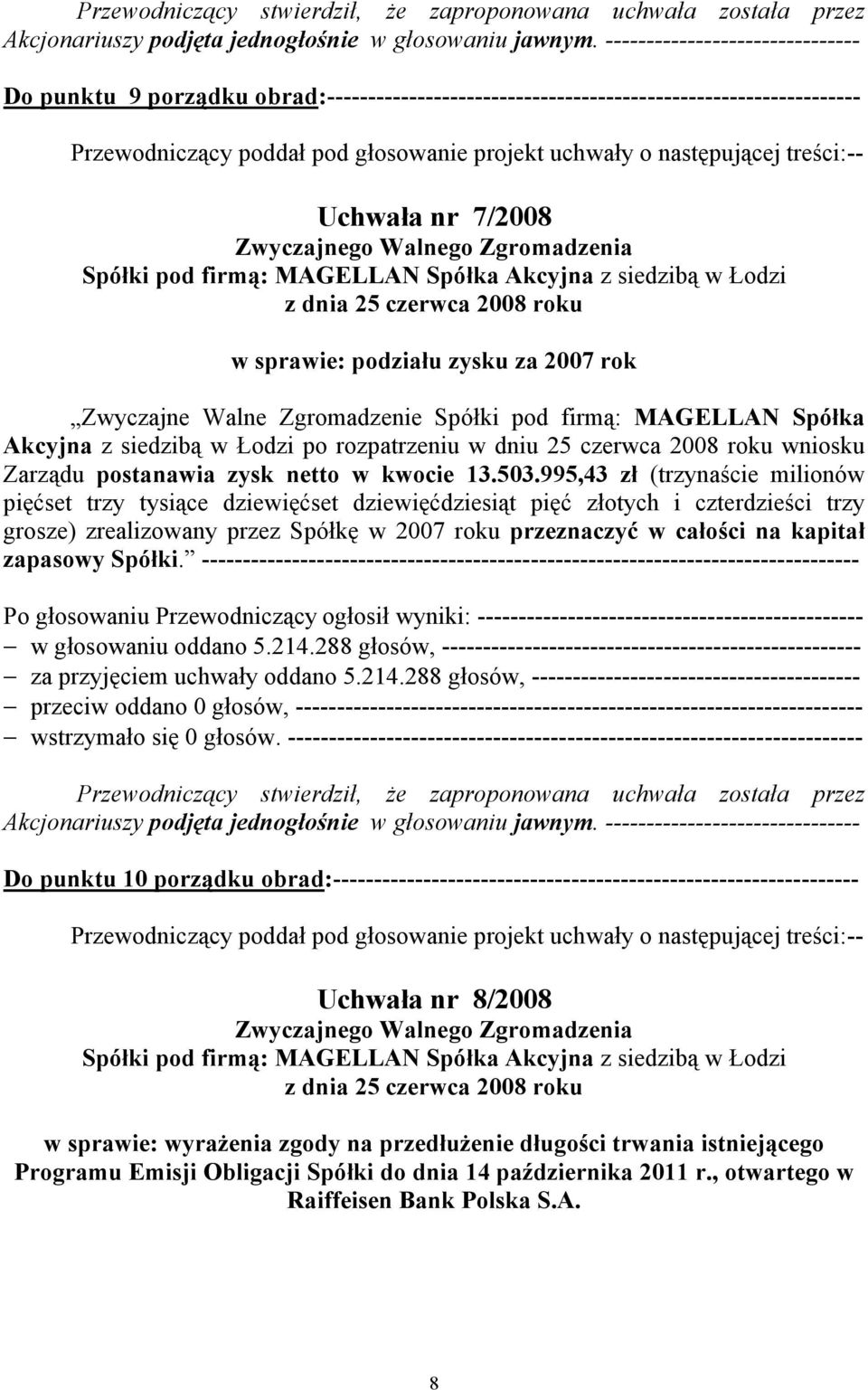 995,43 zł (trzynaście milionów pięćset trzy tysiące dziewięćset dziewięćdziesiąt pięć złotych i czterdzieści trzy grosze) zrealizowany przez Spółkę w 2007 roku przeznaczyć w całości na kapitał