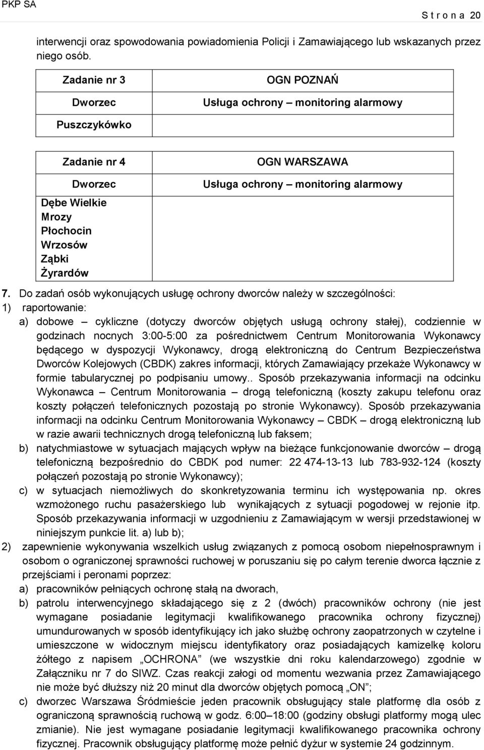 Do zadań osób wykonujących usługę ochrony dworców należy w szczególności: 1) raportowanie: a) dobowe cykliczne (dotyczy dworców objętych usługą ochrony stałej), codziennie w godzinach nocnych