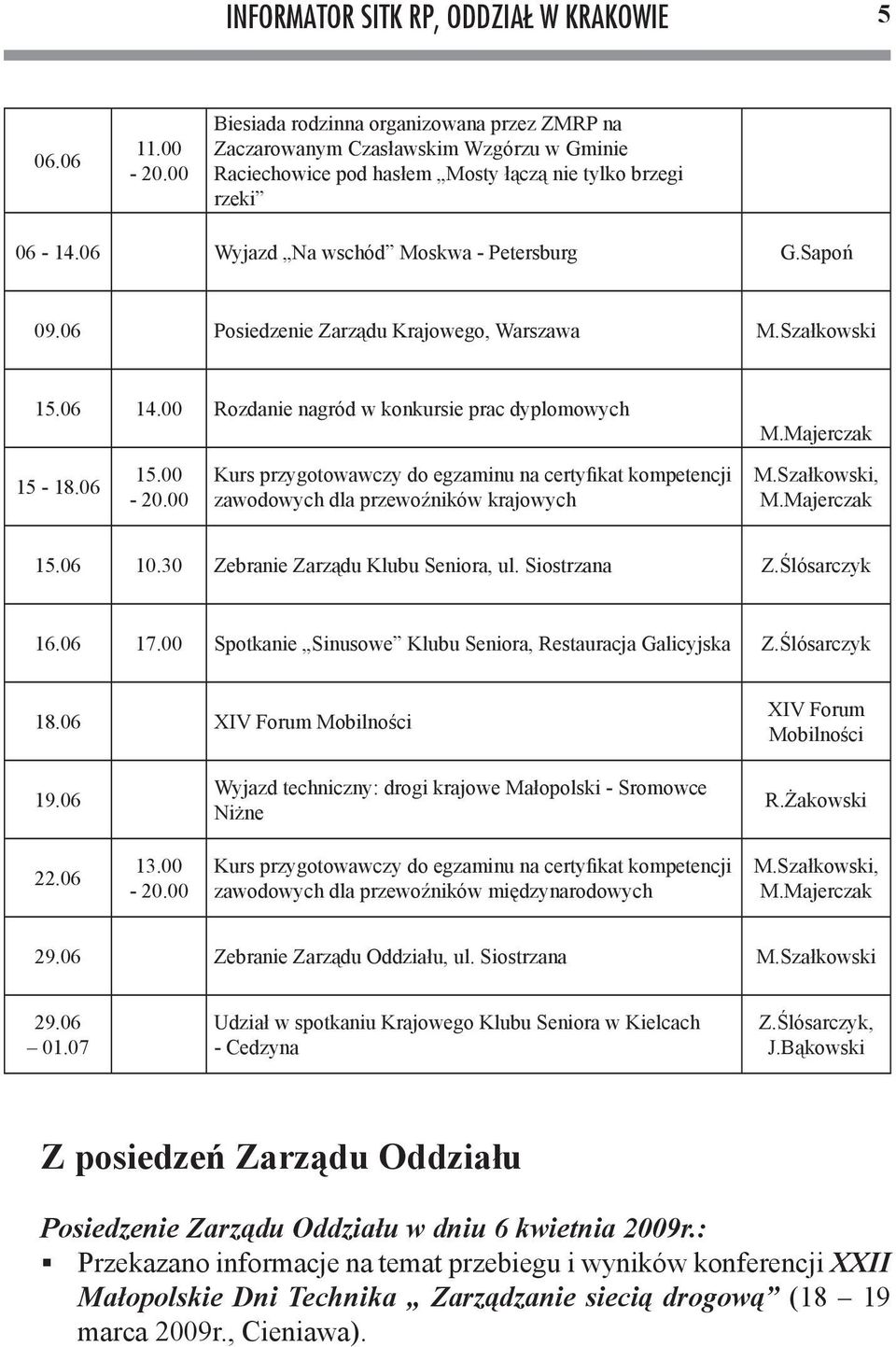 00 Kurs przygotowawczy do egzaminu na certyfikat kompetencji zawodowych dla przewoźników krajowych M.Majerczak M.Szałkowski, M.Majerczak 15.06 10.30 Zebranie Zarządu Klubu Seniora, ul. Siostrzana Z.