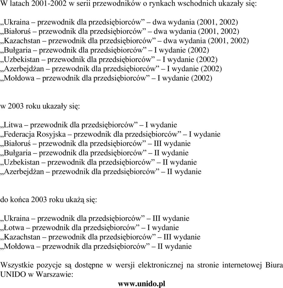 Azerbejdżan przewodnik dla przedsiębiorców I wydanie (2002) Mołdowa przewodnik dla przedsiębiorców I wydanie (2002) w 2003 roku ukazały się: Litwa przewodnik dla przedsiębiorców I wydanie Federacja