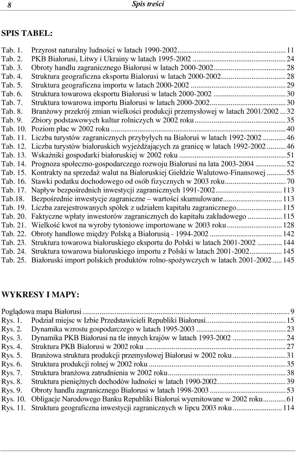 .. 29 Tab. 6. Struktura towarowa eksportu Białorusi w latach 2000-2002... 30 Tab. 7. Struktura towarowa importu Białorusi w latach 2000-2002... 30 Tab. 8.
