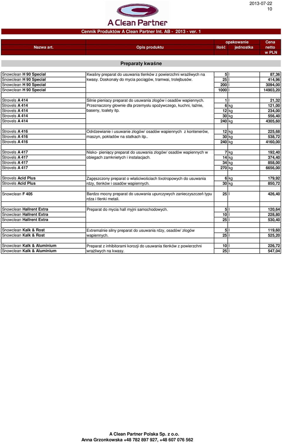 1 l 21,32 Strovels A 414 Przeznaczony głownie dla przemysłu spożywczego, kuchni, łaźnie, 6 kg 121,00 Strovels A 414 baseny, toalety itp.