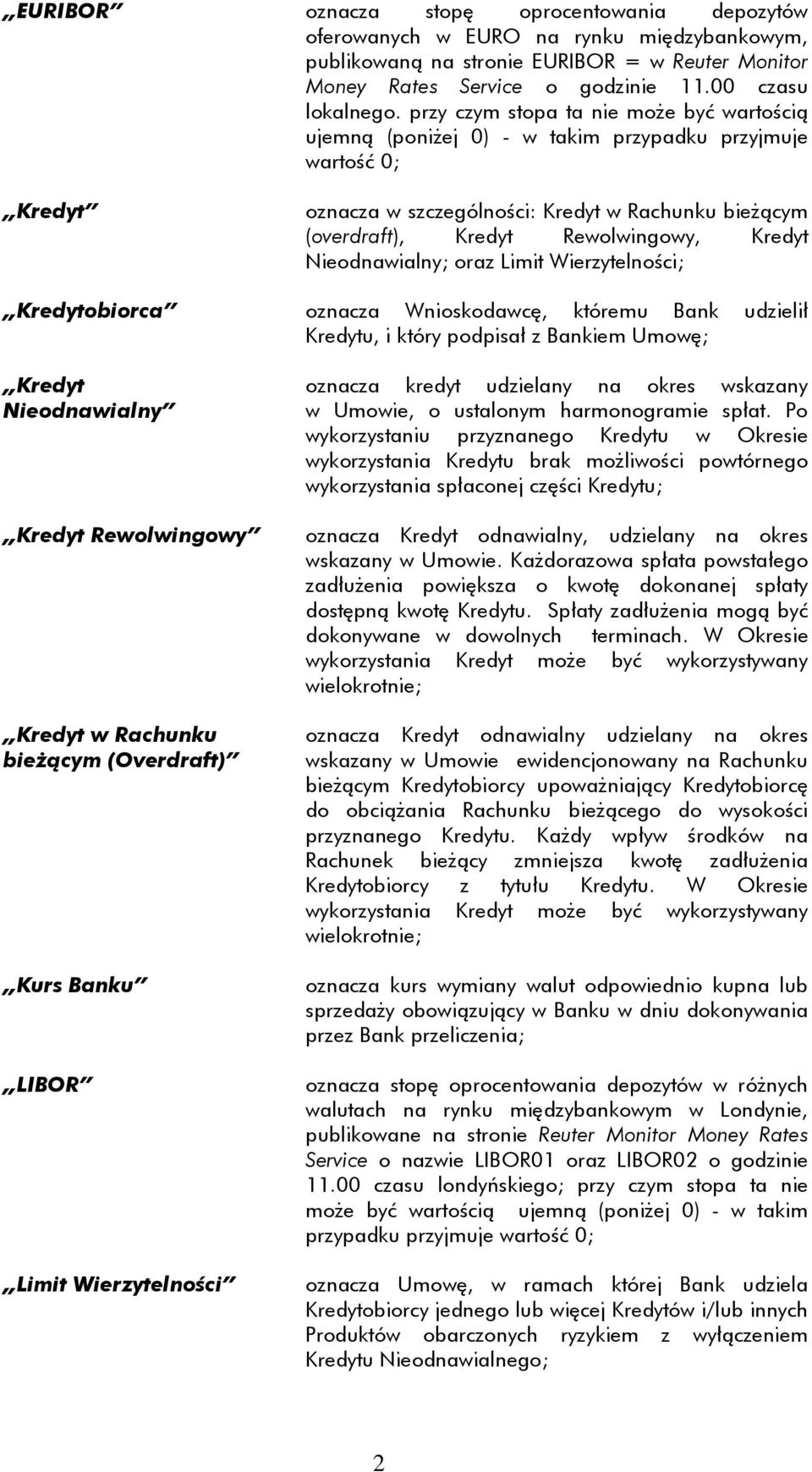 Kredyt Nieodnawialny; oraz Limit Wierzytelności; Kredytobiorca oznacza Wnioskodawcę, któremu Bank udzielił Kredytu, i który podpisał z Bankiem Umowę; Kredyt Nieodnawialny Kredyt Rewolwingowy Kredyt w