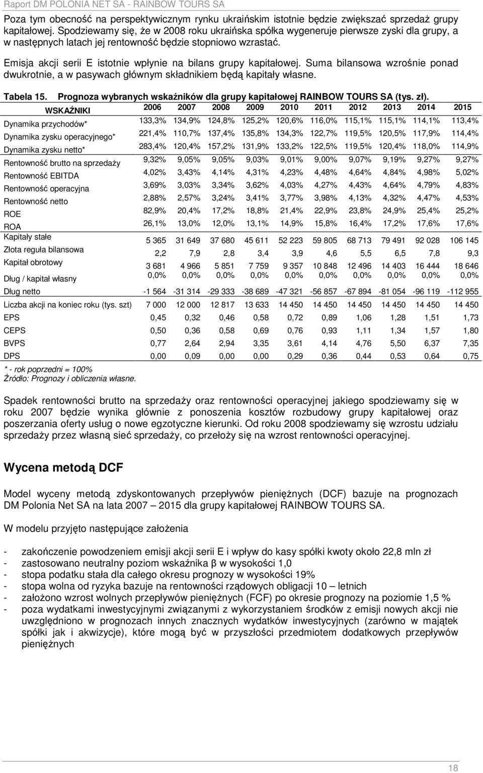 Emisja akcji serii E istotnie wpłynie na bilans grupy kapitałowej. Suma bilansowa wzrośnie ponad dwukrotnie, a w pasywach głównym składnikiem będą kapitały własne. Tabela 15.