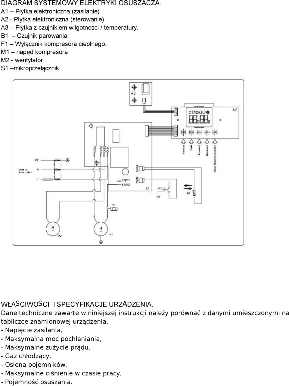 F1 Wyłącznik kompresora cieplnego. M1 napęd kompresora M2 - wentylator S1 mikroprzełącznik WŁAŚCIWOŚCI I SPECYFIKACJE URZĄDZENIA.