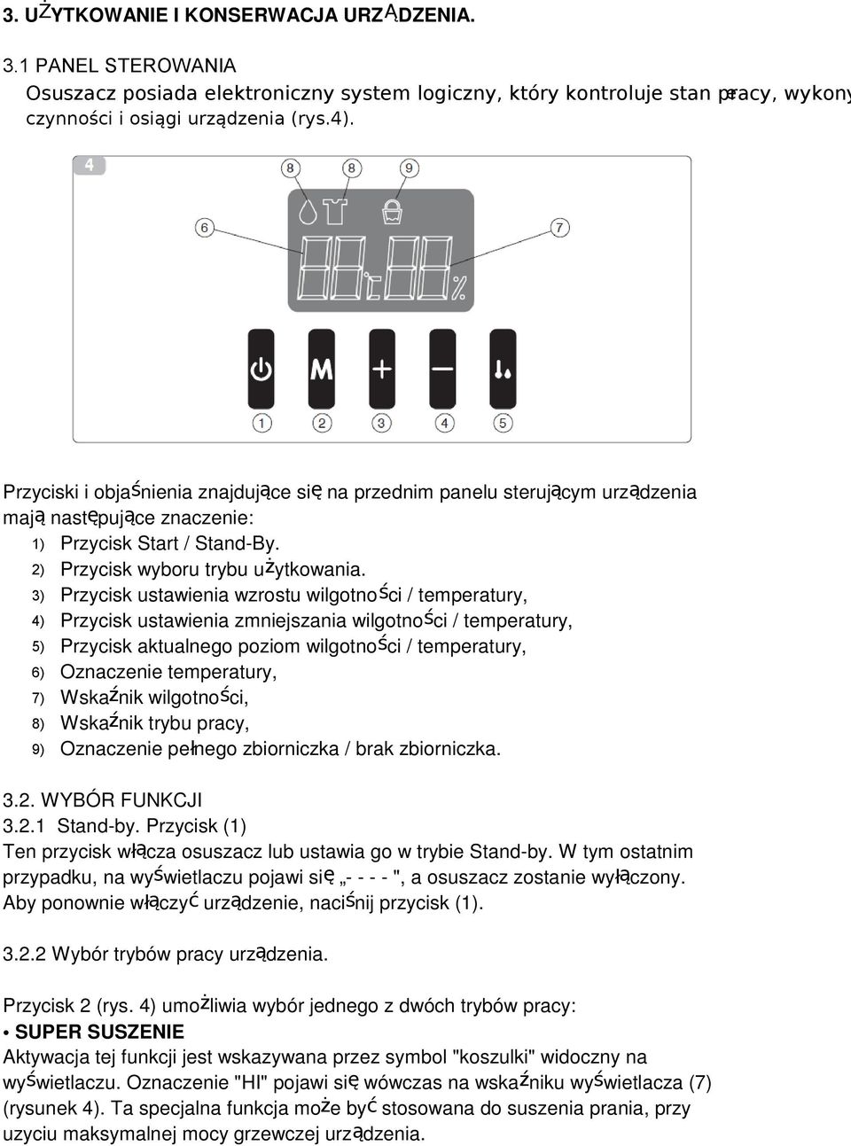 3) Przycisk ustawienia wzrostu wilgotności / temperatury, 4) Przycisk ustawienia zmniejszania wilgotności / temperatury, 5) Przycisk aktualnego poziom wilgotności / temperatury, 6) Oznaczenie