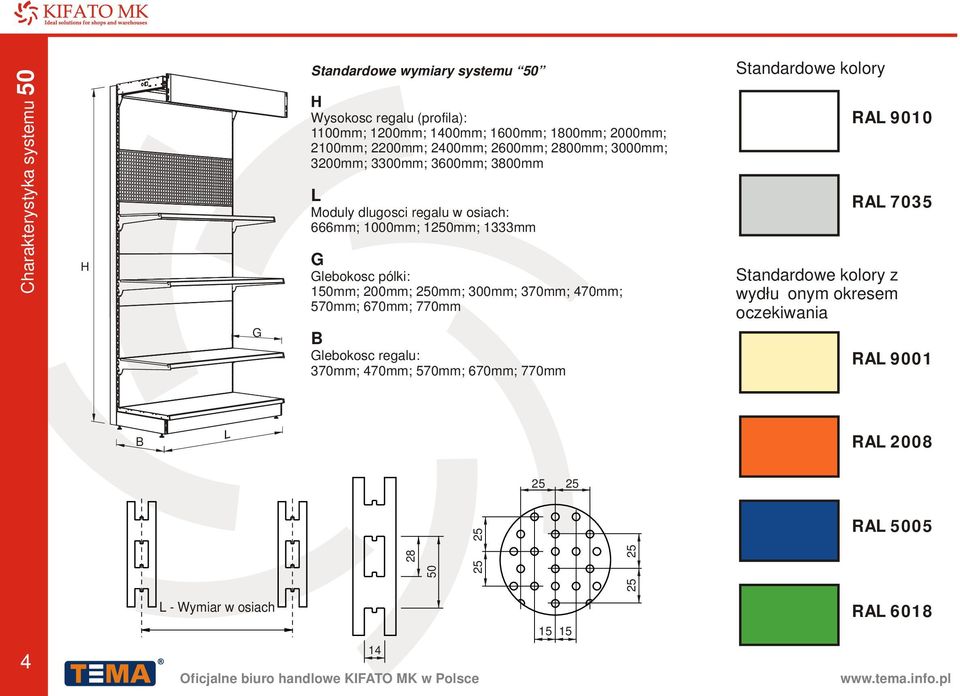 470mm; 570mm; 670mm; 770mm lebokosc regalu: 370mm; 470mm; 570mm; 670mm; 770mm Standardowe kolory RA 9010 RA 7035 Standardowe kolory z wydłużonym okresem