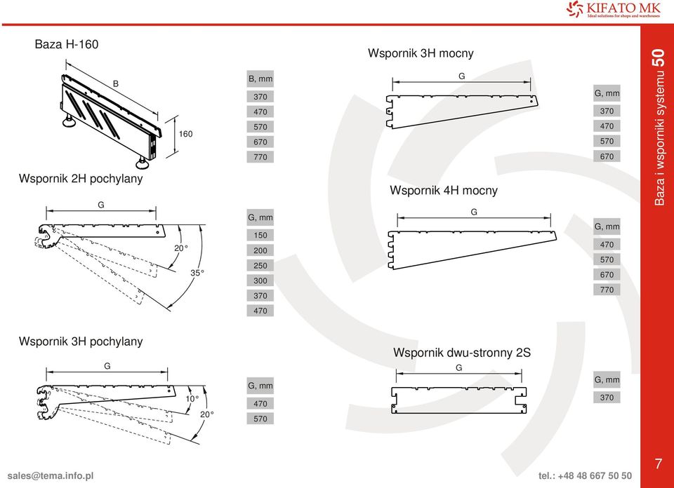 570 670 770 aza i wsporniki systemu 50 470 Wspornik 3 pochylany 10 20, mm