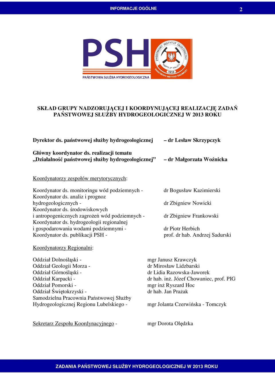 monitoringu wód podziemnych - Koordynator ds. analiz i prognoz hydrogeologicznych - Koordynator ds. środowiskowych i antropogenicznych zagroŝeń wód podziemnych - Koordynator ds.