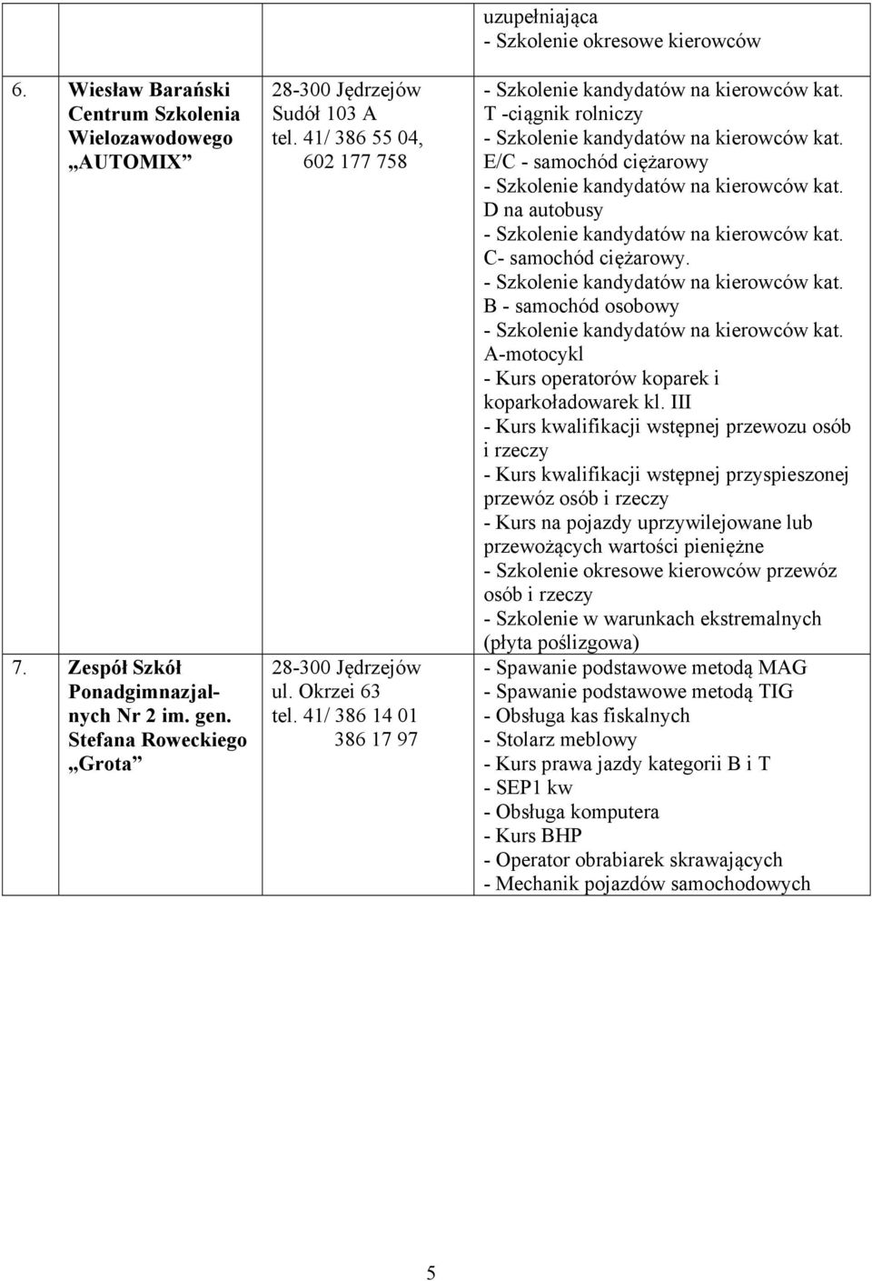 T -ciągnik rolniczy - Szkolenie kandydatów na kierowców kat. E/C - samochód ciężarowy - Szkolenie kandydatów na kierowców kat. D na autobusy - Szkolenie kandydatów na kierowców kat.