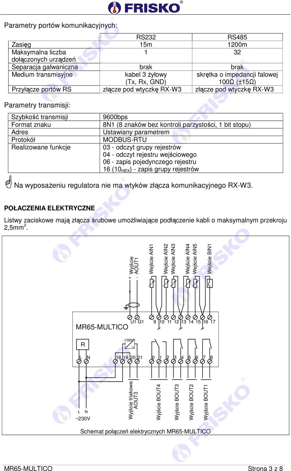 znaków bez kontroli parzystości, bit stopu) Ustawiany parametrem MODBUS-RTU 3 - odczyt grupy rejestrów 4 - odczyt rejestru wejściowego 6 - zapis pojedynczego rejestru 6 ( HEX ) - zapis grupy