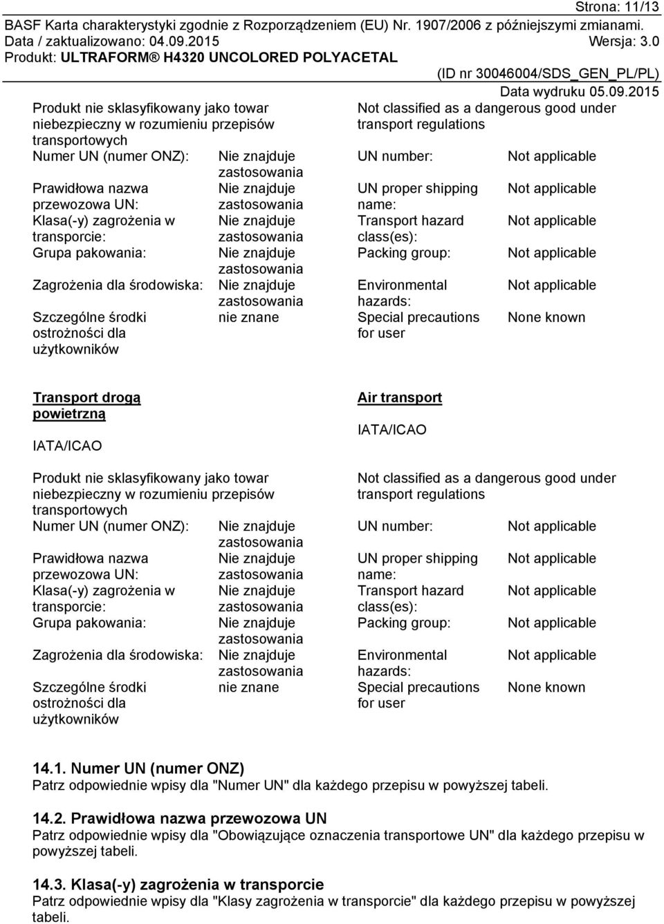 under transport regulations UN number: UN proper shipping name: Transport hazard class(es): Packing group: Environmental hazards: Special precautions for user None known Transport drogą powietrzną