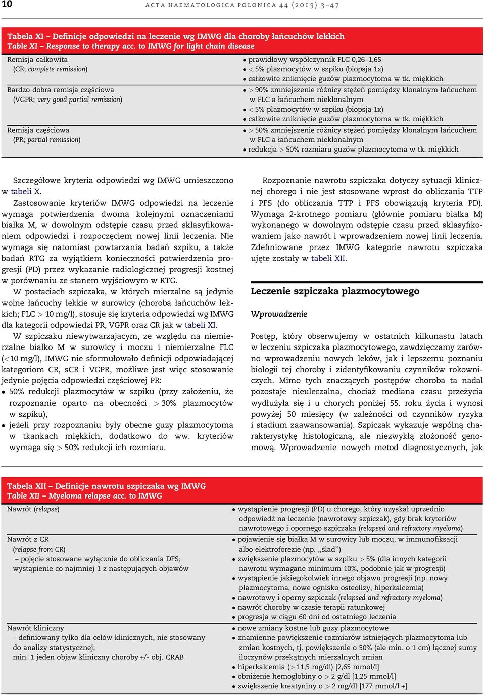 współczynnik FLC 0,26 1,65 < 5% plazmocytów w szpiku (biopsja 1x) całkowite zniknięcie guzów plazmocytoma w tk.