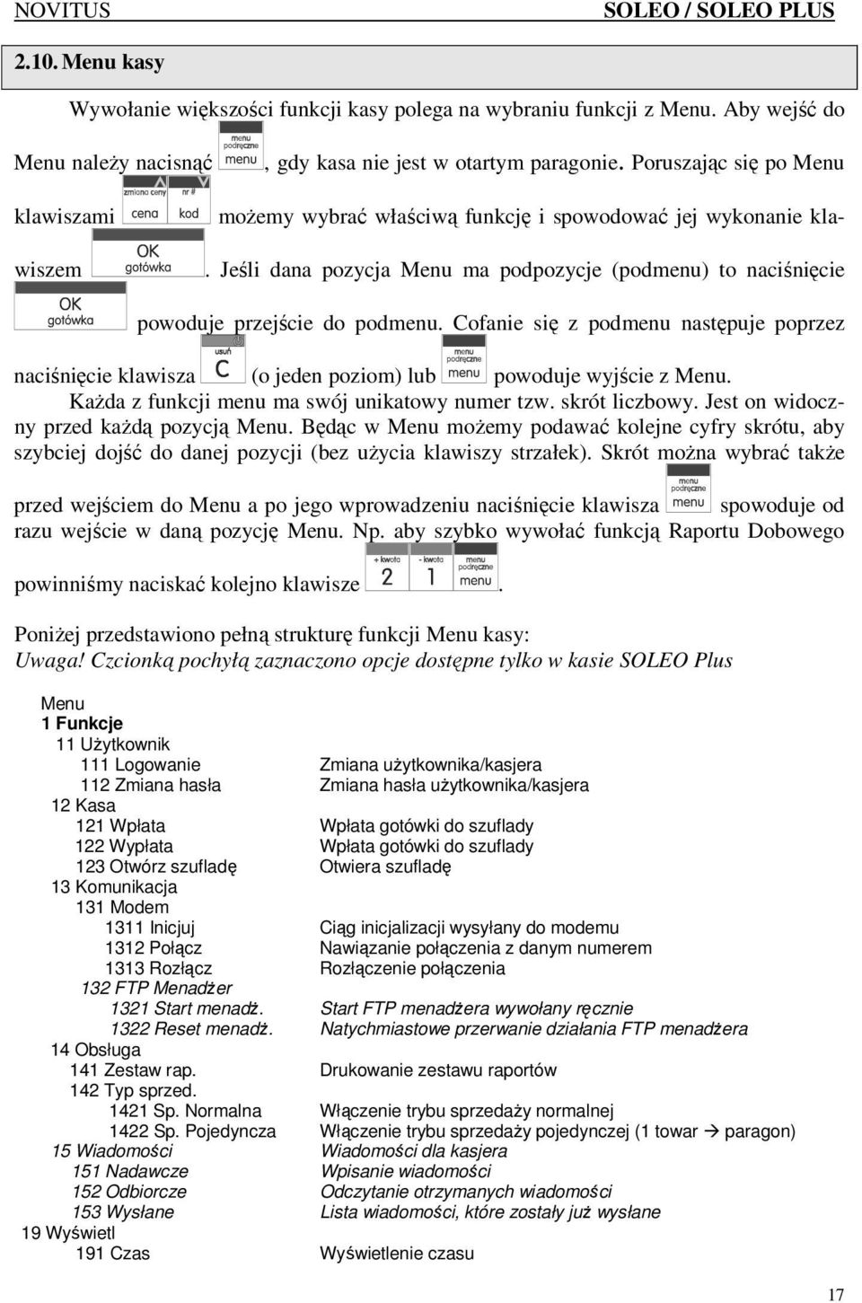 Cofanie się z podmenu następuje poprzez naciśnięcie klawisza (o jeden poziom) lub powoduje wyjście z Menu. KaŜda z funkcji menu ma swój unikatowy numer tzw. skrót liczbowy.