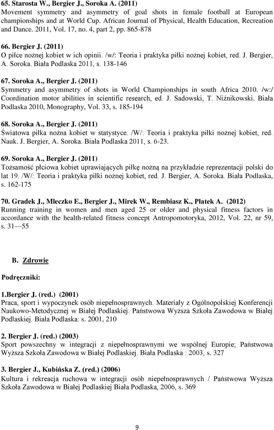 /w/: Teoria i praktyka piłki nożnej kobiet, red. J. Bergier, A. Soroka. Biała Podlaska 2011, s. 138-146 67. Soroka A., Bergier J.