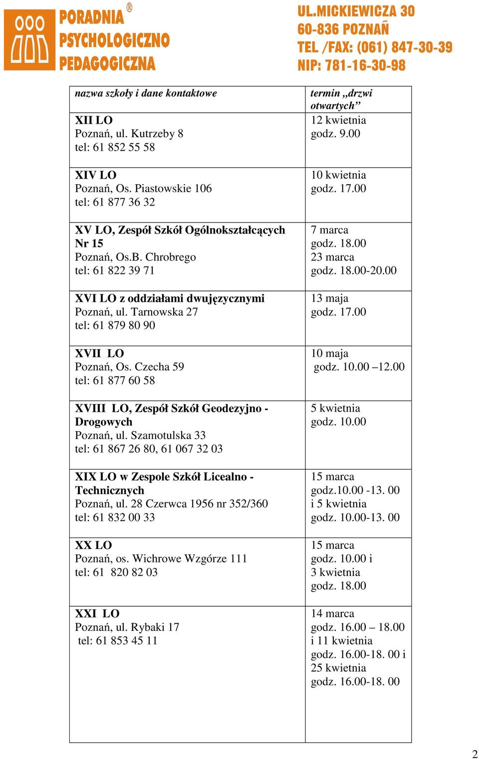 Czecha 59 tel: 61 877 60 58 XVIII LO, Zespół Szkół Geodezyjno - Drogowych Poznań, ul. Szamotulska 33 tel: 61 867 26 80, 61 067 32 03 XIX LO w Zespole Szkół Licealno - Technicznych Poznań, ul.