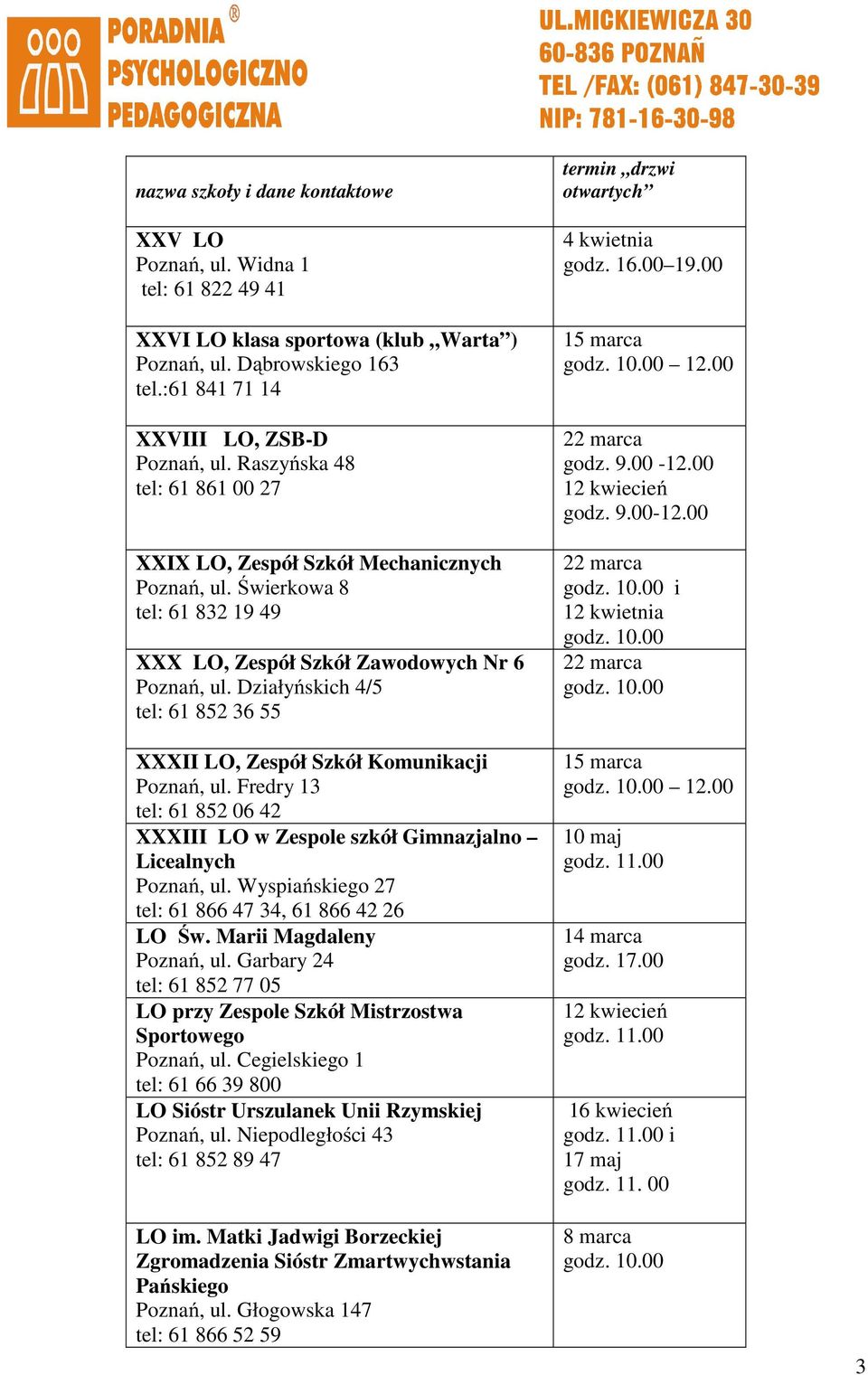 Działyńskich 4/5 tel: 61 852 36 55 XXXII LO, Zespół Szkół Komunikacji Poznań, ul. Fredry 13 tel: 61 852 06 42 XXXIII LO w Zespole szkół Gimnazjalno Licealnych Poznań, ul.