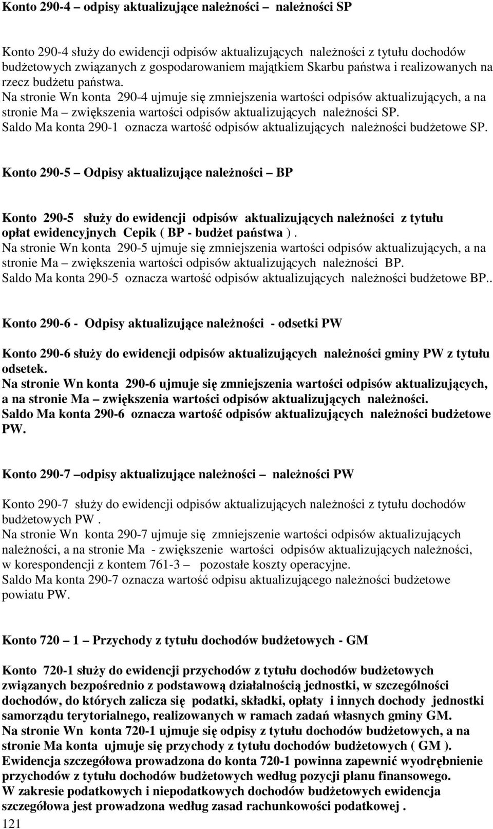 Na stronie Wn konta 290-4 ujmuje się zmniejszenia wartości odpisów aktualizujących, a na stronie Ma zwiększenia wartości odpisów aktualizujących naleŝności SP.