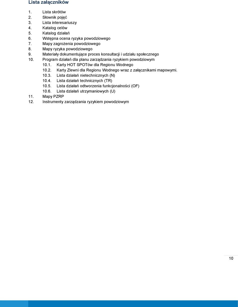 Program działań dla planu zarządzania ryzykiem powodziowym 10.1. Karty HOT SPOTów dla Regionu Wodnego 10.2. Karty Zlewni dla Regionu Wodnego wraz z załącznikami mapowymi.