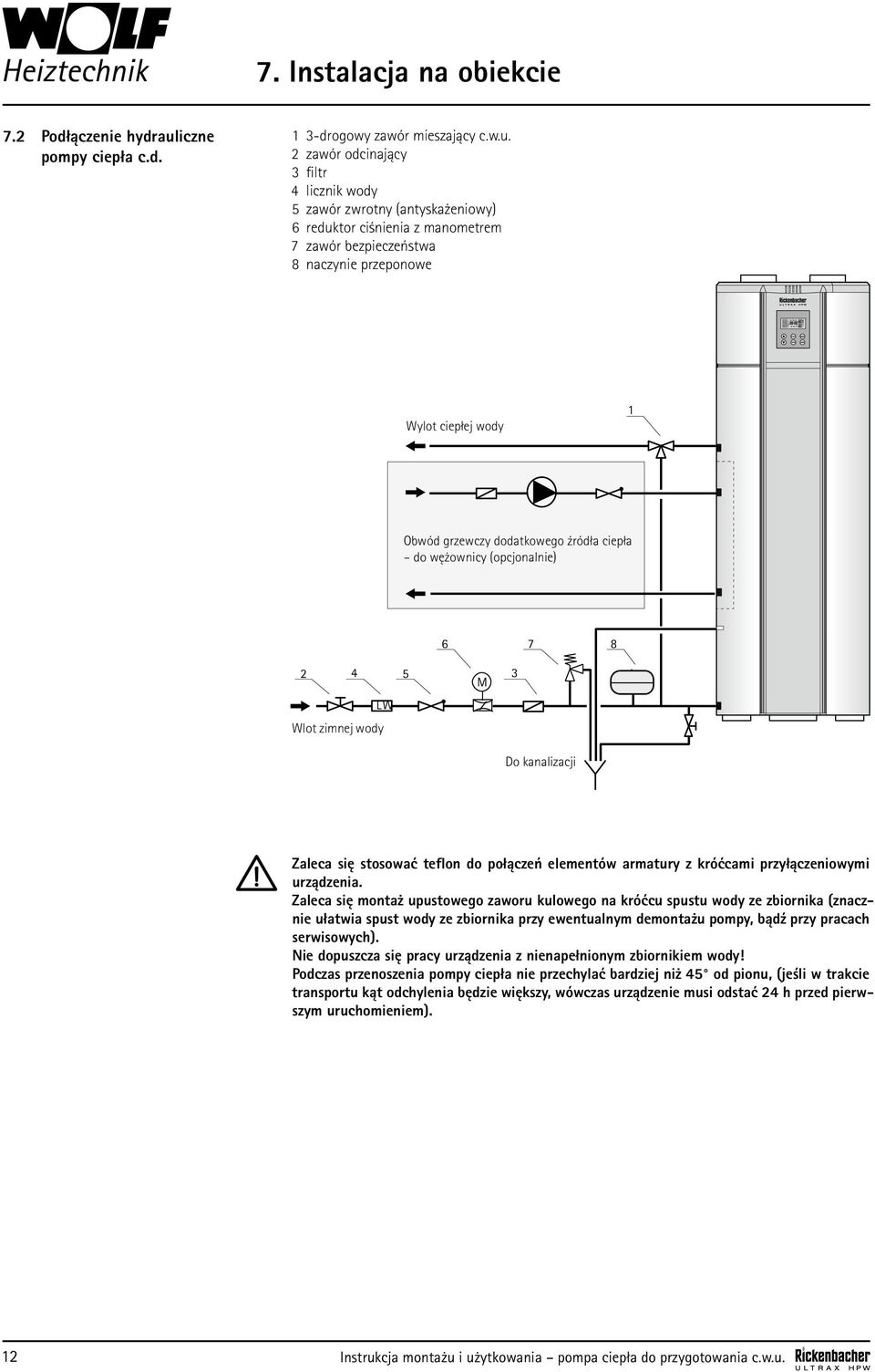 2 zawór odcinający 3 filtr 4 licznik wody 5 zawór zwrotny (antyskażeniowy) 6 reduktor ciśnienia z manometrem 7 zawór bezpieczeństwa 8 naczynie przeponowe Wylot ciepłej wody 1 Obwód grzewczy