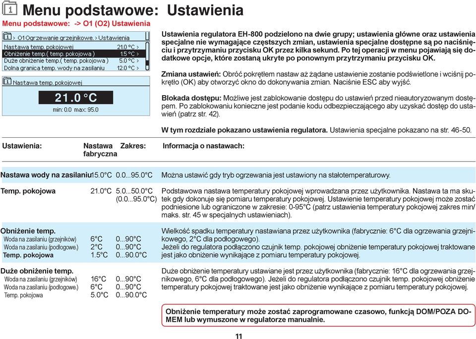 0 Ustawienia regulatora EH-800 podzielono na dwie grupy; ustawienia główne oraz ustawienia specjalne nie wymagające częstszych zmian, ustawienia specjalne dostępne są po naciśnięciu i przytrzymaniu