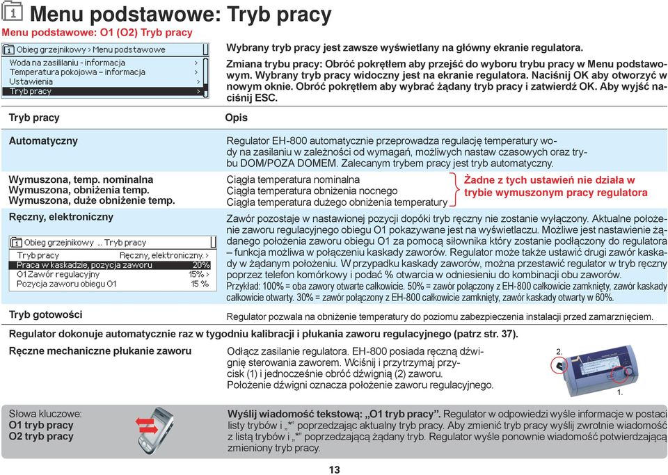 > Praca w kaskadzie, pozycja zaworu 20% > O1 Zawór regulacyjny 15% > Pozycja zaworu obiegu O1 15 % Tryb gotowości Ręczne mechaniczne płukanie zaworu Wybrany tryb pracy jest zawsze wyświetlany na