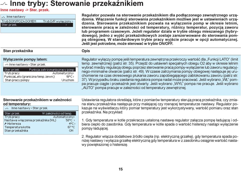 Sterowanie przekaźnikiem pozwala na wyłączenie pomp w okresie letnim, sterowanie pracą w zależności od temperatury, różnicy temperatur, pozycją zaworu lub programem czasowym.