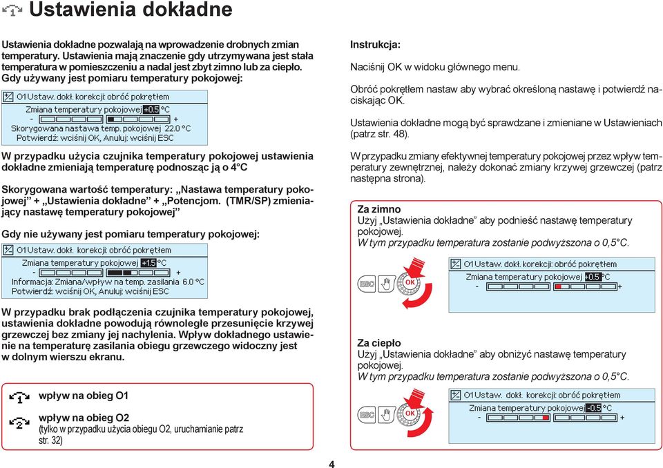 korekcji: obróć pokrętłem Zmiana temperatury pokojowej +0.5 C - + Skorygowana nastawa temp. pokojowej 22.