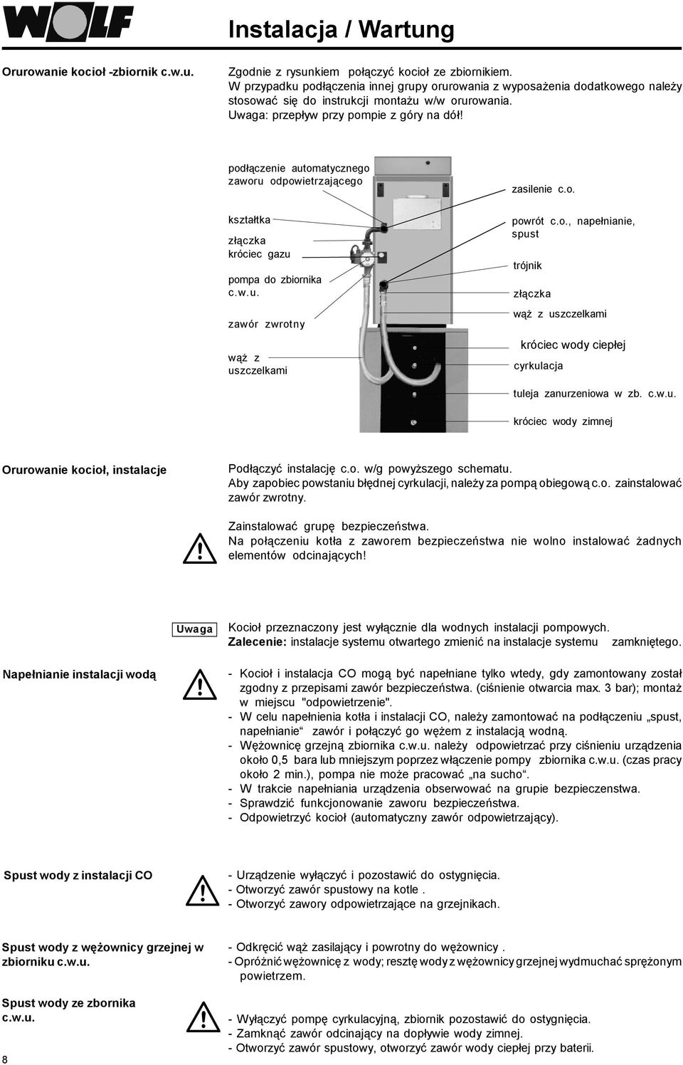 podłączenie automatycznego zaworu odpowietrzającego zasilenie c.o. kształtka złączka króciec gazu pompa do zbiornika c.w.u. zawór zwrotny wąż z uszczelkami powrót c.o., napełnianie, spust trójnik złączka wąż z uszczelkami króciec wody ciepłej cyrkulacja tuleja zanurzeniowa w zb.