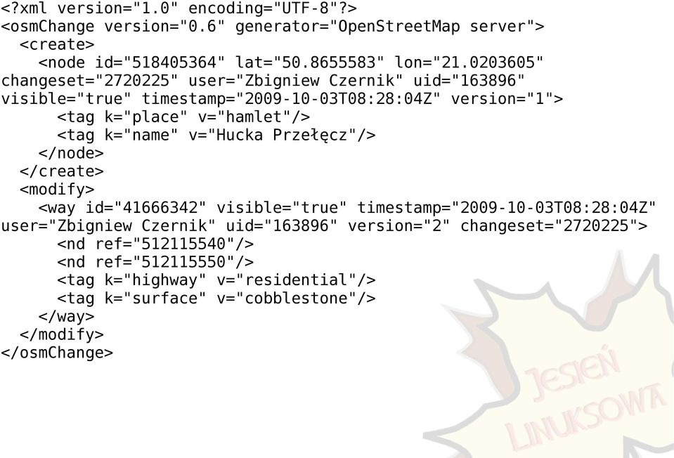 k="name" v="hucka Przełęcz"/> </node> </create> <modify> <way id="41666342" visible="true" timestamp="2009-10-03t08:28:04z" user="zbigniew Czernik" uid="163896"