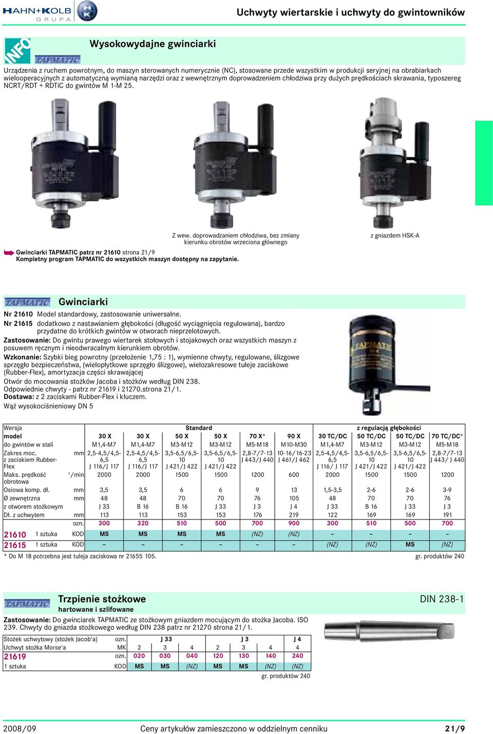 doprowadzaniem chłodziwa, bez zmiany kierunku obrotów wrzeciona głównego h Gwinciarki TAPMATIC patrz nr 21610 strona 21/9 Kompletny program TAPMATIC do wszystkich maszyn dostępny na zapytanie.